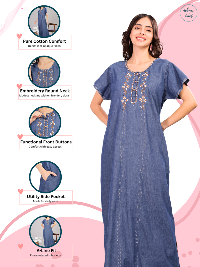Intricate Embroidery Denim Blue Nighty - Soft Cotton for Cozy Comfort