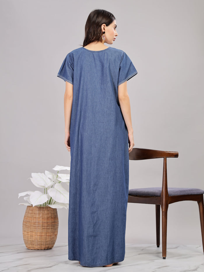 Blue Denim Cotton Nighty Embroidered Nightwear