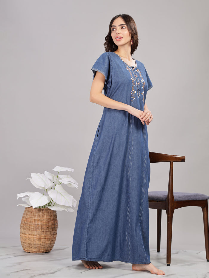 Blue Denim Cotton Nighty Embroidered Nightwear