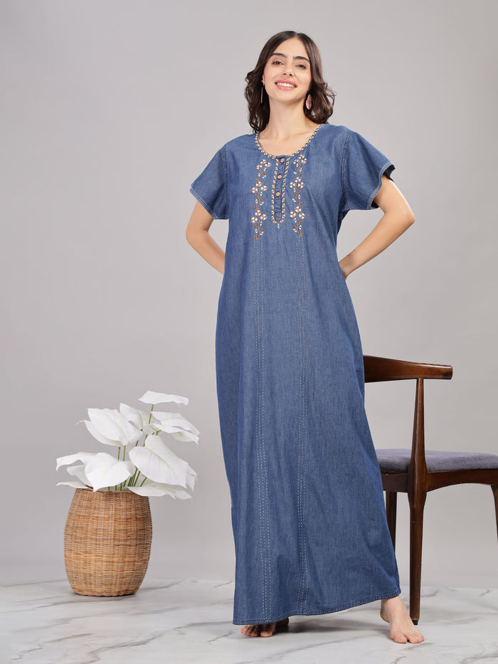 Blue Denim Cotton Nighty Embroidered Nightwear