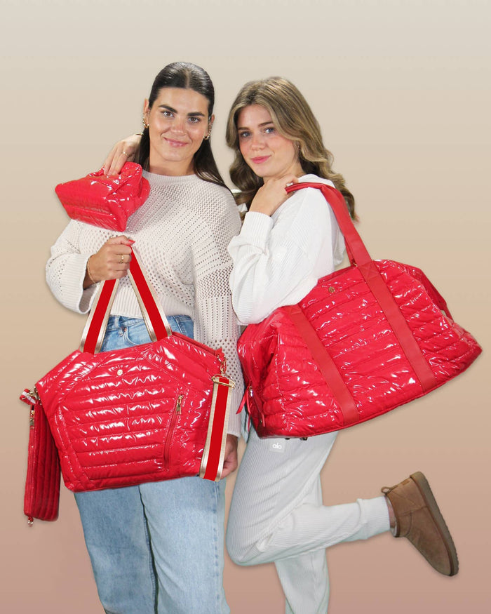 Lemonbella Irene Cosmetic Puffer Bag Candy Apple in bright red, soft puffer fabric with gold-tone zipper and compact design for essentials.