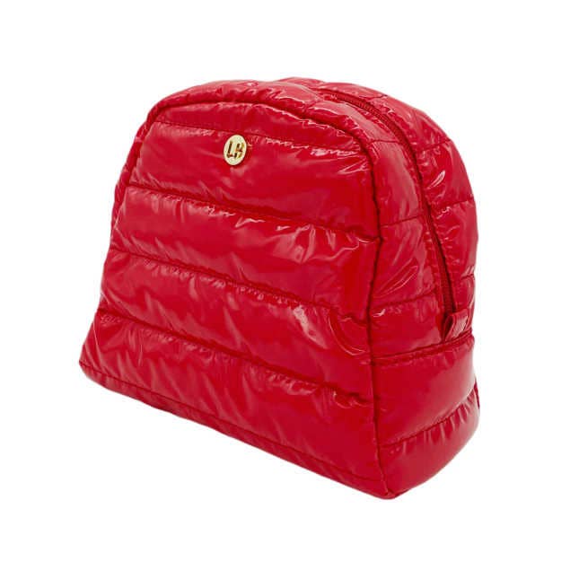 Lemonbella Irene Cosmetic Puffer Bag Candy Apple color, soft padded bag for cosmetics, with shiny quilted texture and compact design