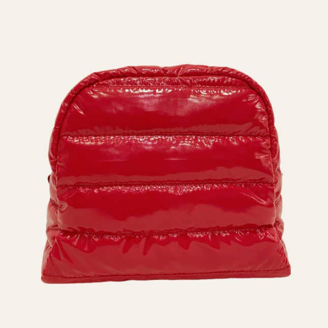Lemonbella Irene Cosmetic Puffer Bag Candy Apple with quilted pink puffer design and compact shape for makeup storage.