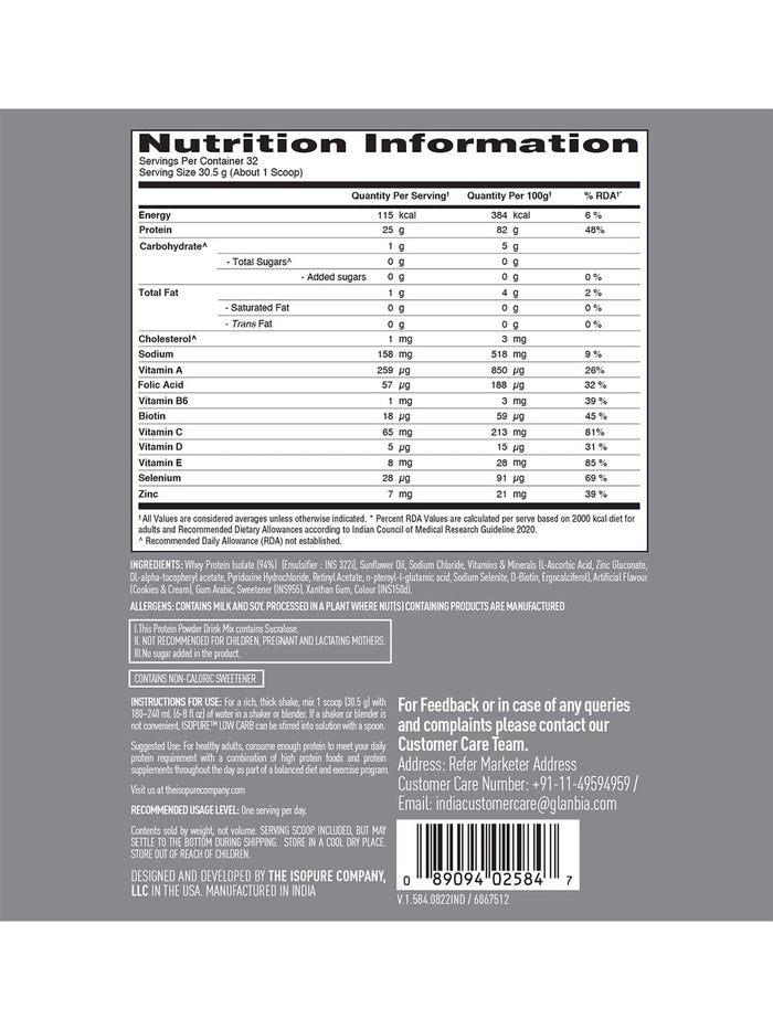 Isopure Low Carb Whey Protein Isolate Cookies & Cream Powder (1 kg)