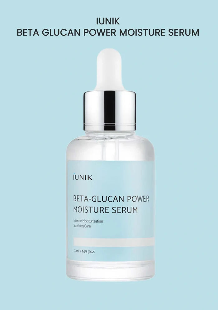 IUNIK Beta Glucan Power Moisture Serum bottle on a light blue background