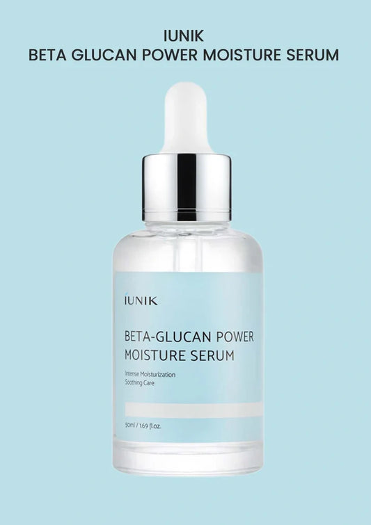 IUNIK Beta Glucan Power Moisture Serum bottle on a light blue background