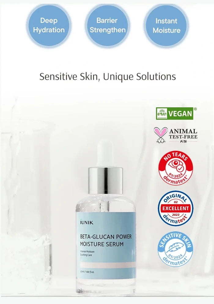 Serum bottle with labels indicating benefits and certifications on a white background