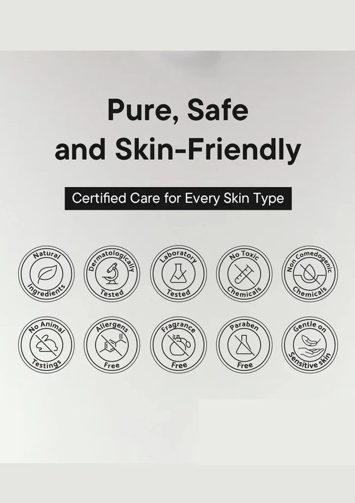 Certification badges for pure, safe, and skin-friendly products on a light gray background.