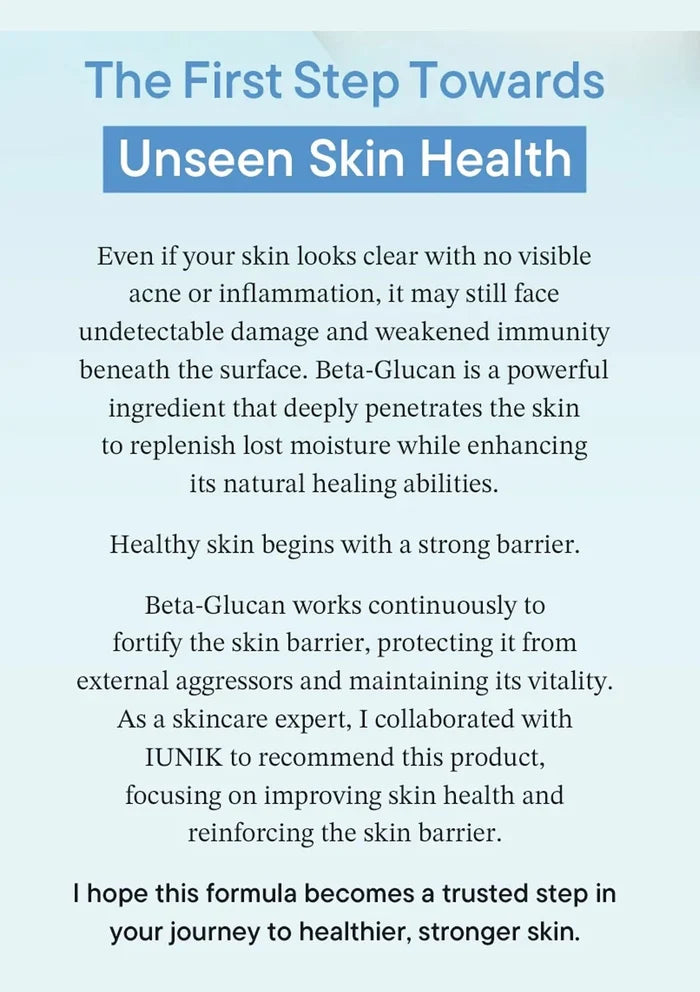 Text about beta-glucan and its benefits for skin health on a light blue background