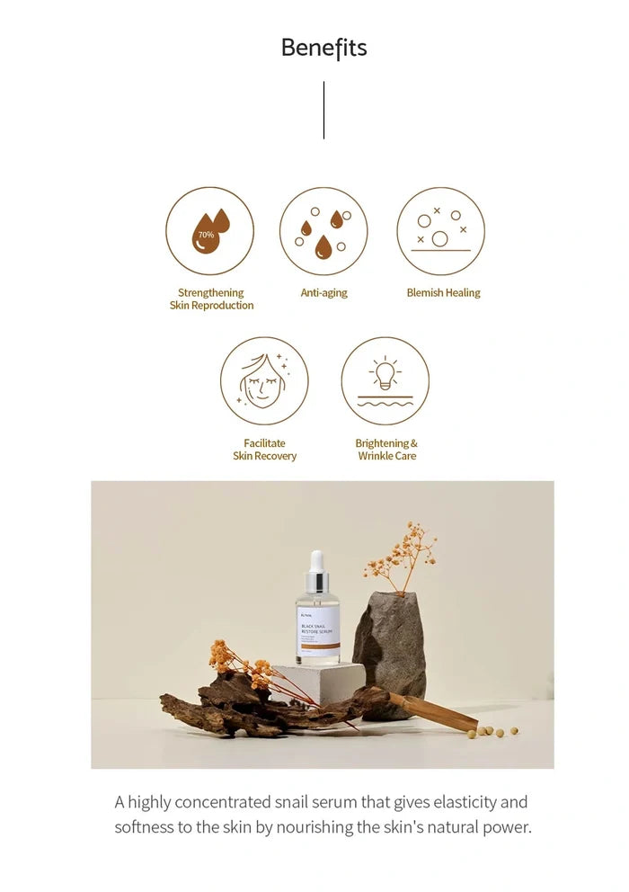 Skincare serum with benefits listed on a white background