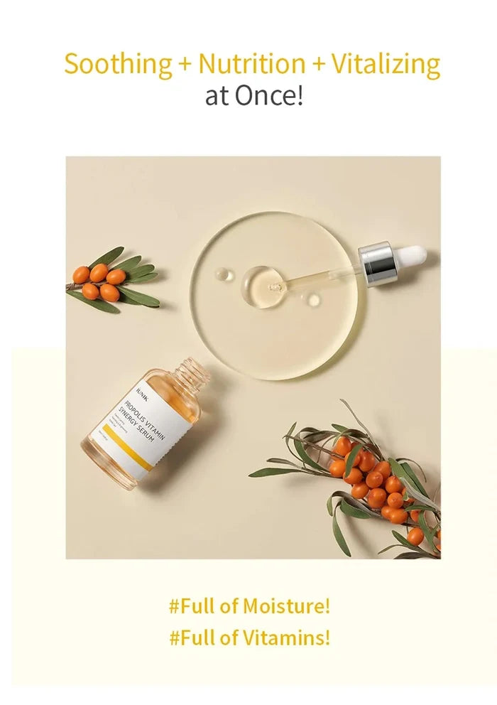 Cosmetic dropper and bottle with natural elements on a beige background, promoting soothing, nutrition, and vitality.