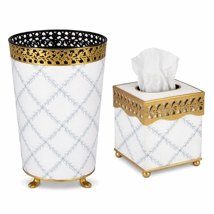 Ivory and Blue Pierced Gold Leaf Tissue Holder or Wastepaper Basket by The Enchanted Home