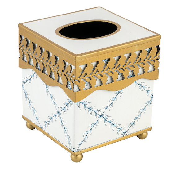 Ivory and Blue Pierced Gold Leaf Tissue Holder or Wastepaper Basket by The Enchanted Home