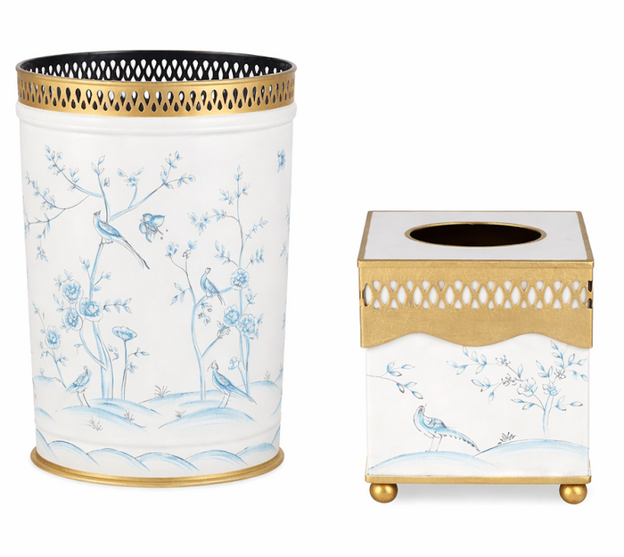 Ivory and Blue Pierced Tissue Holder or Wastepaper Basket by The Enchanted Home