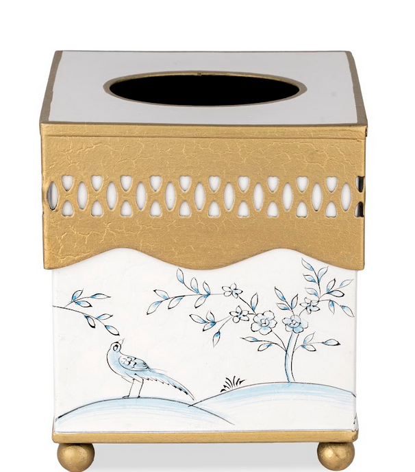 Ivory and Blue Pierced Tissue Holder or Wastepaper Basket by The Enchanted Home