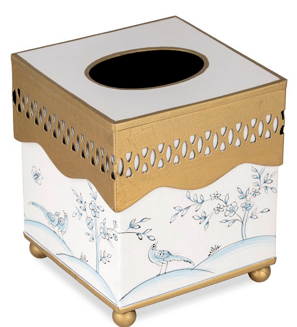 Ivory and Blue Pierced Tissue Holder or Wastepaper Basket by The Enchanted Home