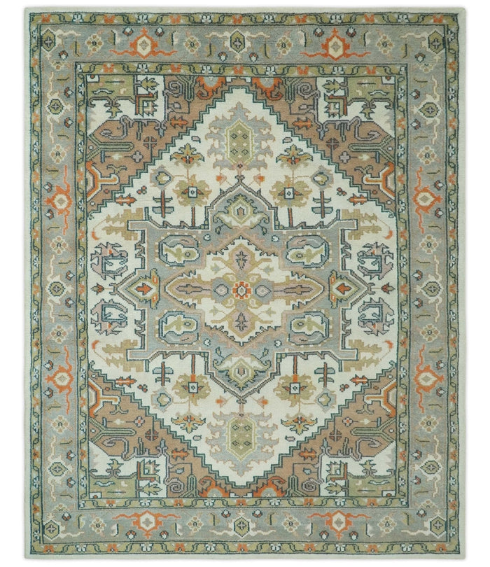 Ivory, Silver, Peach and Olive Traditional Heriz Hand Knotted Multi Size wool Area Rug