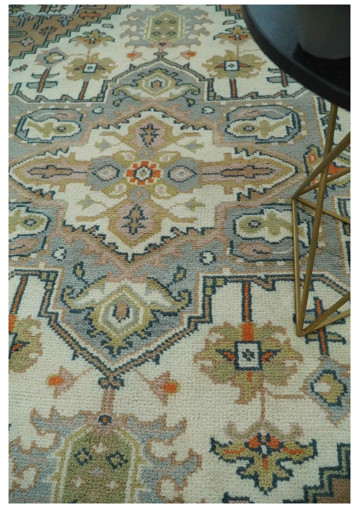 Ivory, Silver, Peach and Olive Traditional Heriz Hand Knotted Multi Size wool Area Rug