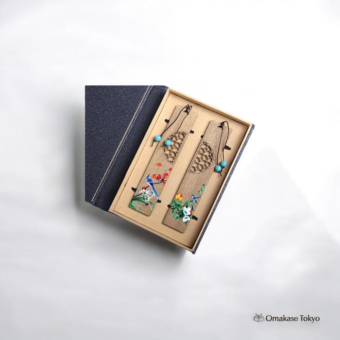 Japanese Style Wooden Bookmark Set – Bird & Flower Design