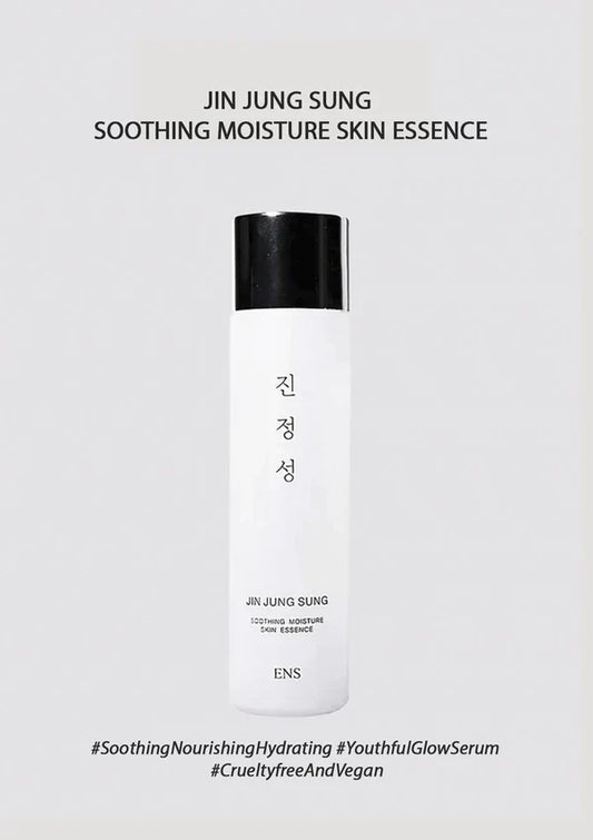 Jin Jung Sung Soothing Moisture Skin Essence in a tall white bottle with a black cap, centered on a light gray background with product text above and hashtags below.