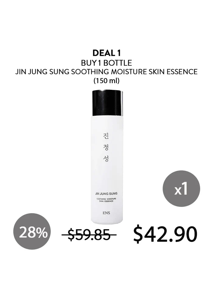 Jin Jung Sung Soothing Moisture Skin Essence bottle with pricing and discount information on a white background.