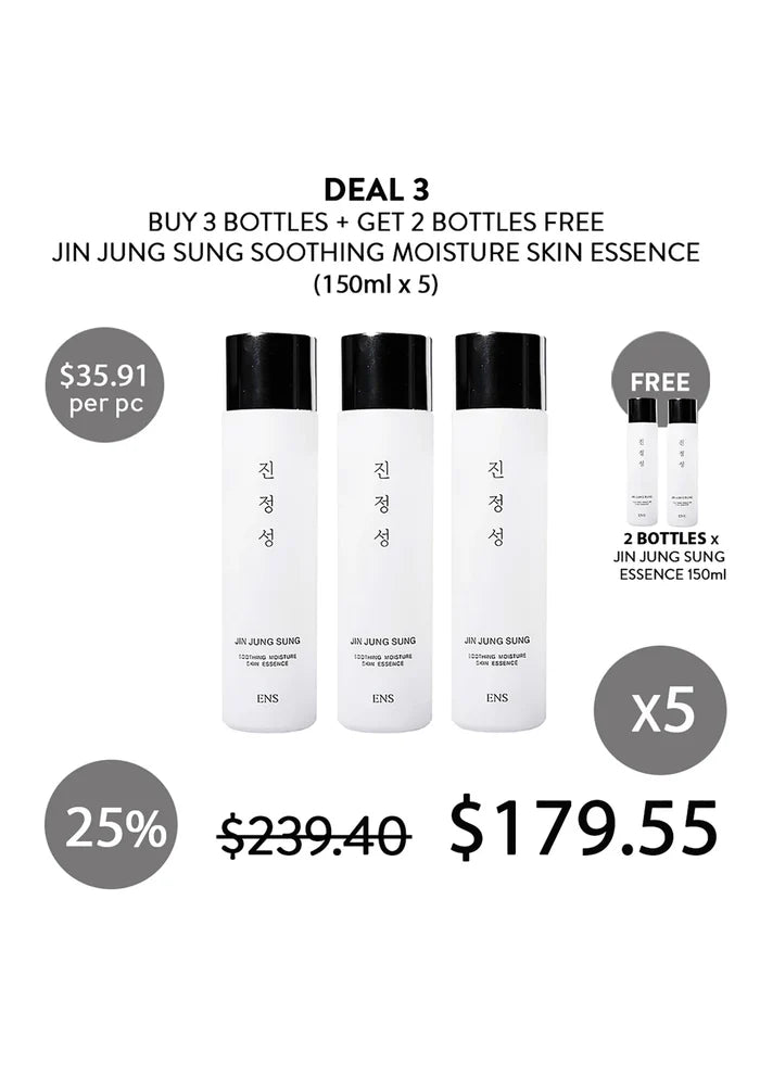Promotional graphic for Jin Jung Sung Soothing Moisture Skin Essence with pricing and deal details.