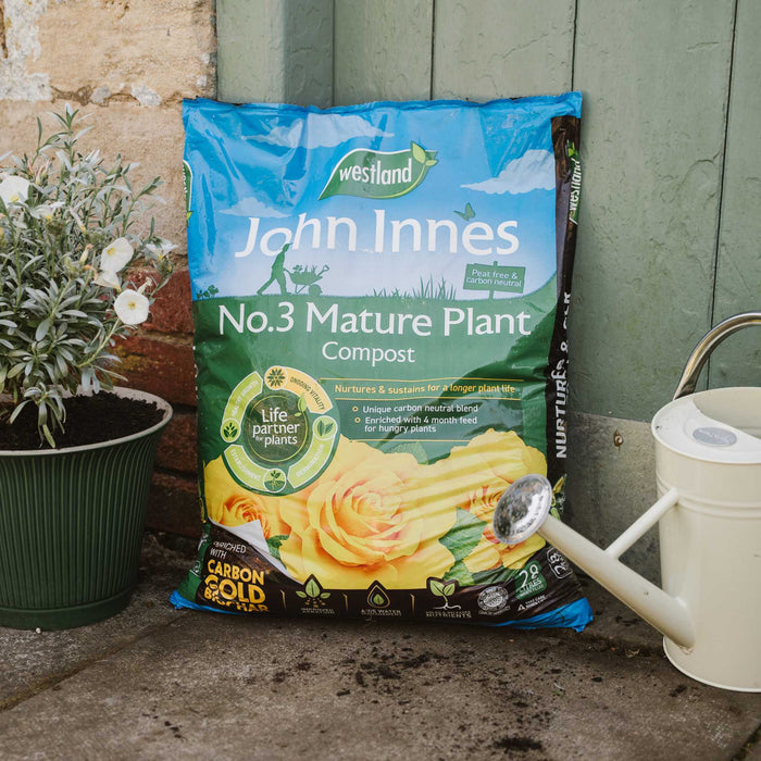Bag of John Innes No.3 Mature Plant Compost with a potted plant and watering can on a stone surface.
