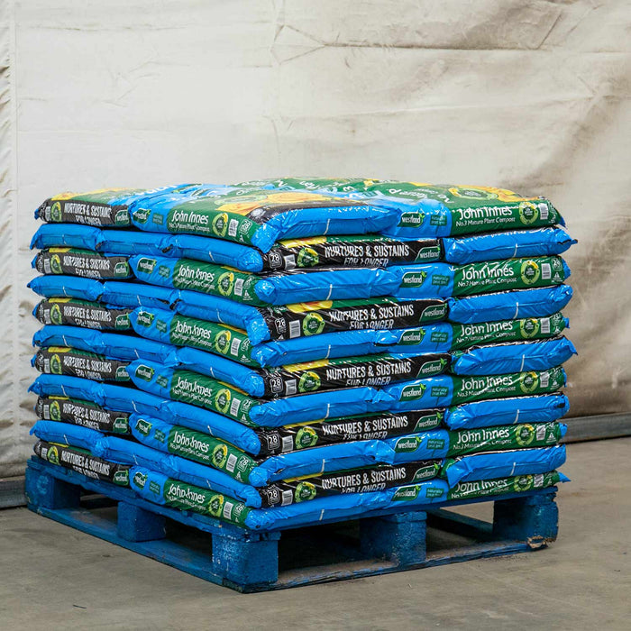 A full pallet of stacked bags of John Innes No 3 Mature Plant Compost