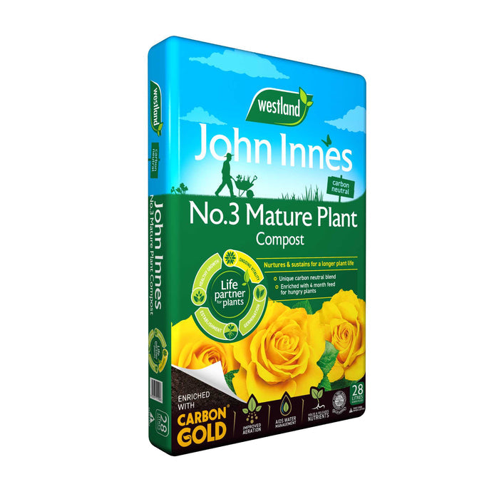 John Innes No.3 Mature Plant Compost packaging with branding and product details on a white background