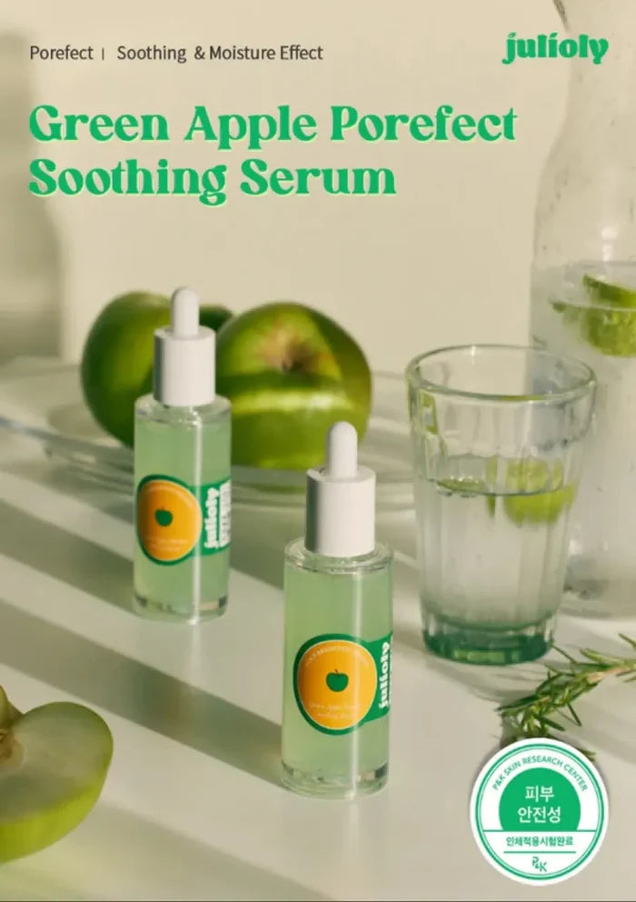 Green Apple Porefect Soothing Serum with green apples and a glass on a light background