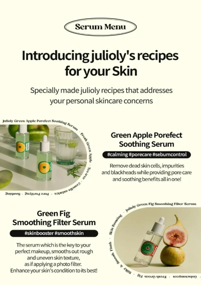 Advertisement for julioily skincare products with serum bottles and text on a white background.
