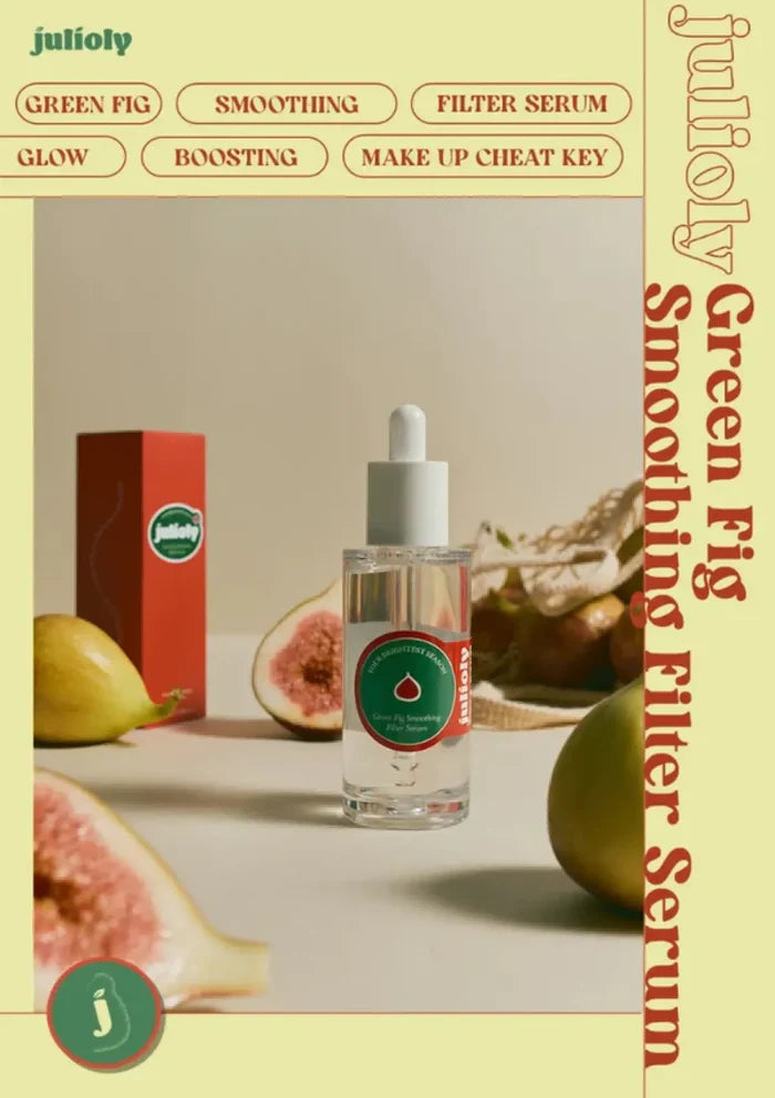 Julioly Green Fig Smoothing Filter Serum with figs and packaging on a neutral background