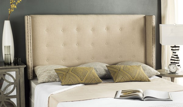 Keegan Linen Headboard in Hemp with Brass Nail Head Trim