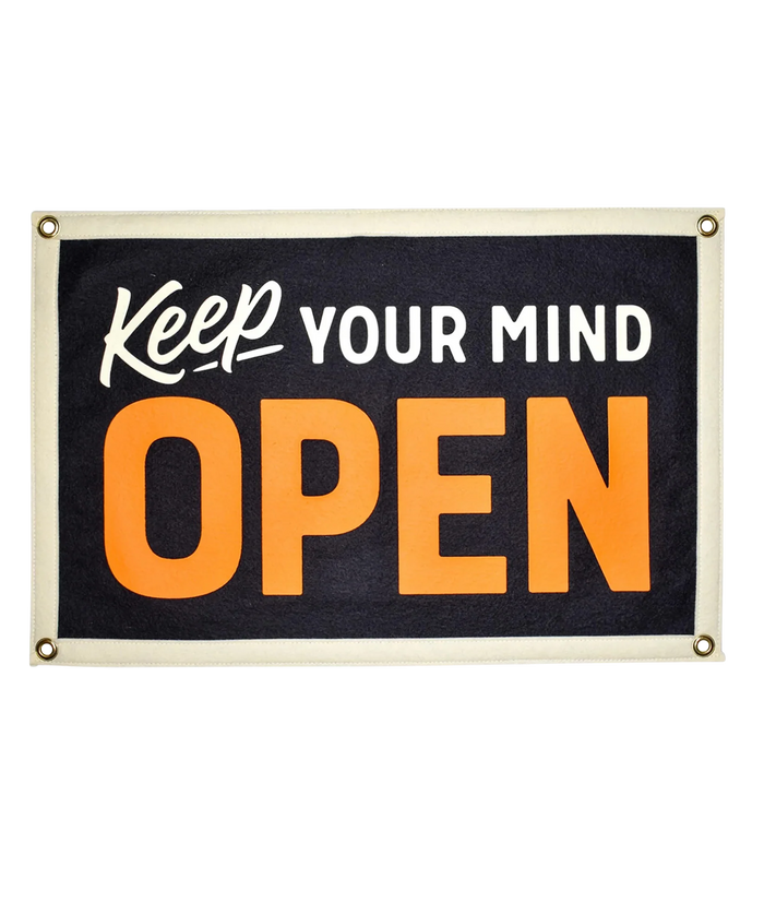 Camp flag: black with white 'Keep your mind' and orange 'OPEN', brass grommets