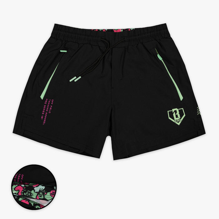 Black youth shorts with liner with "King Of JUCO Pro Series V2" design — front view
