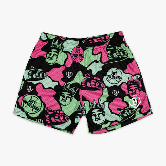 Black youth shorts with "King Of JUCO" design — front view