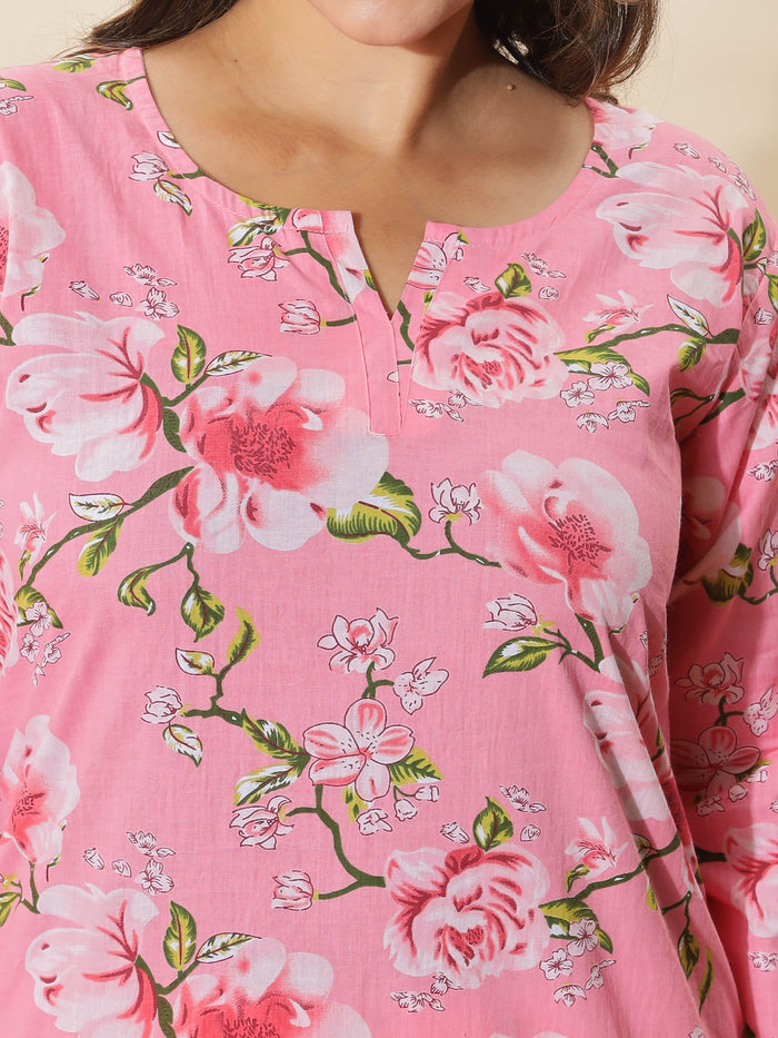 Elegant Lace Pink Floral Cotton Night Suit For Women
