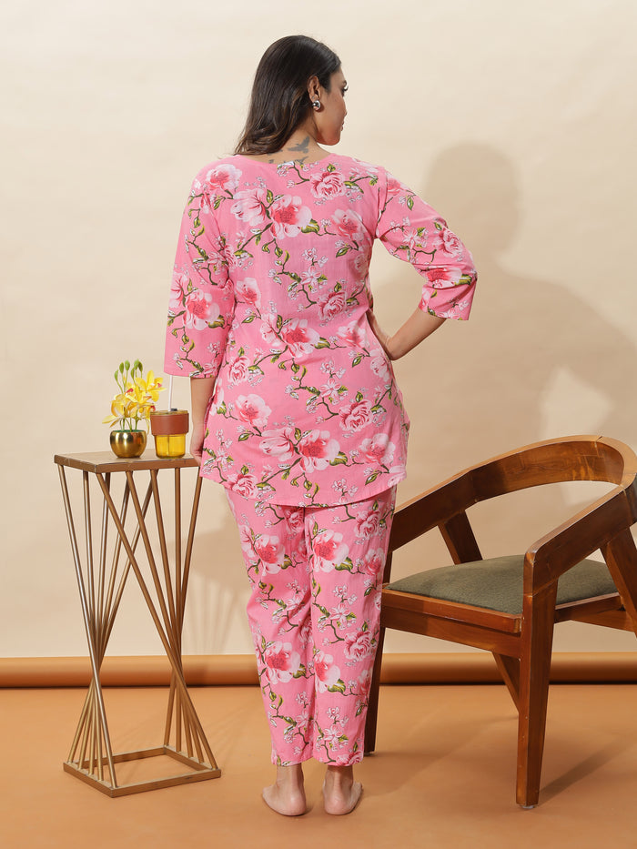 Elegant Lace Pink Floral Cotton Night Suit For Women