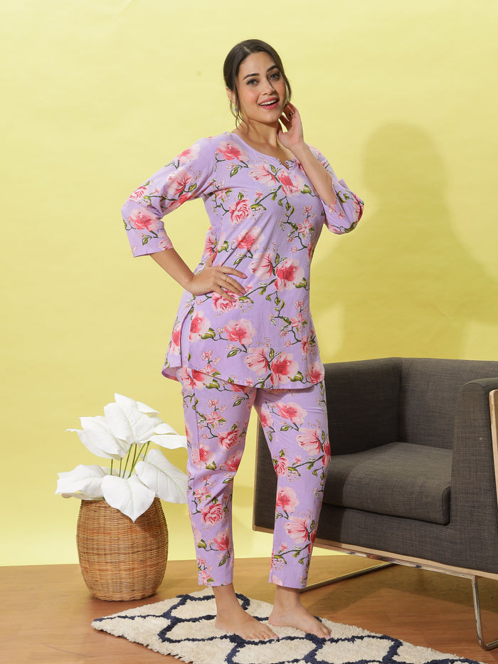 Comfy Lavender Floral Cotton Women's Pyjama Set