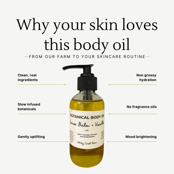 Botanical body oil bottle with text highlighting benefits on a white background