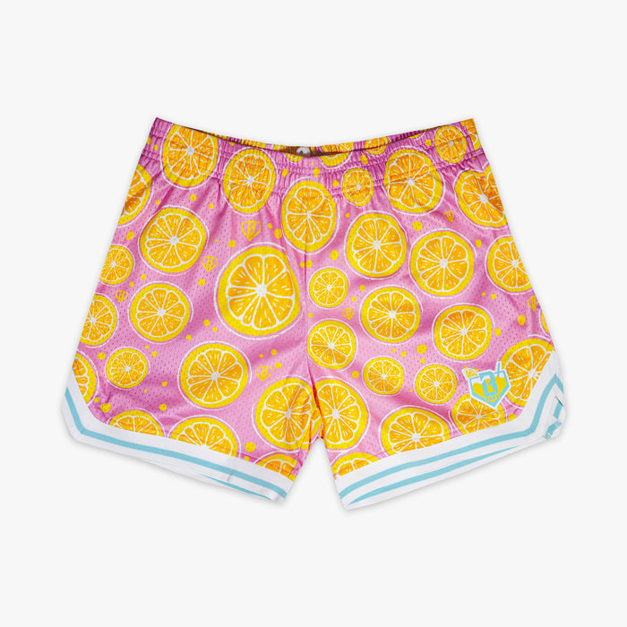 Pink Lemon Squeeze Court youth shorts — front view