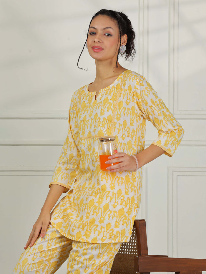 Lavishing Chic Lemon Yellow Cotton Pajama Set for Women