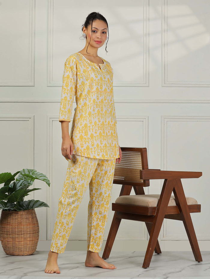 Lavishing Chic Lemon Yellow Cotton Pajama Set for Women