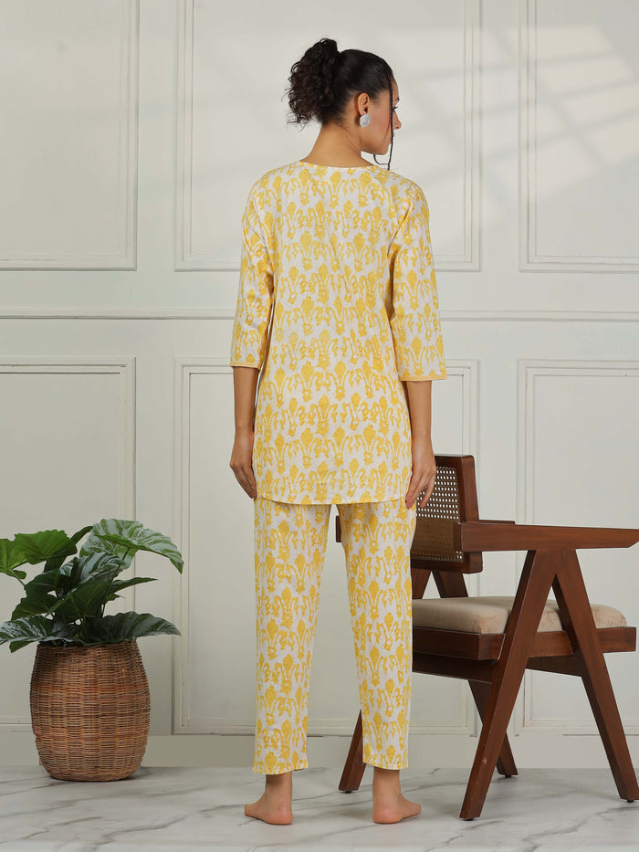 Lavishing Chic Lemon Yellow Cotton Pajama Set for Women