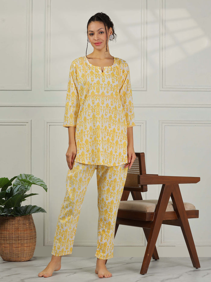 Lavishing Chic Lemon Yellow Cotton Pajama Set for Women