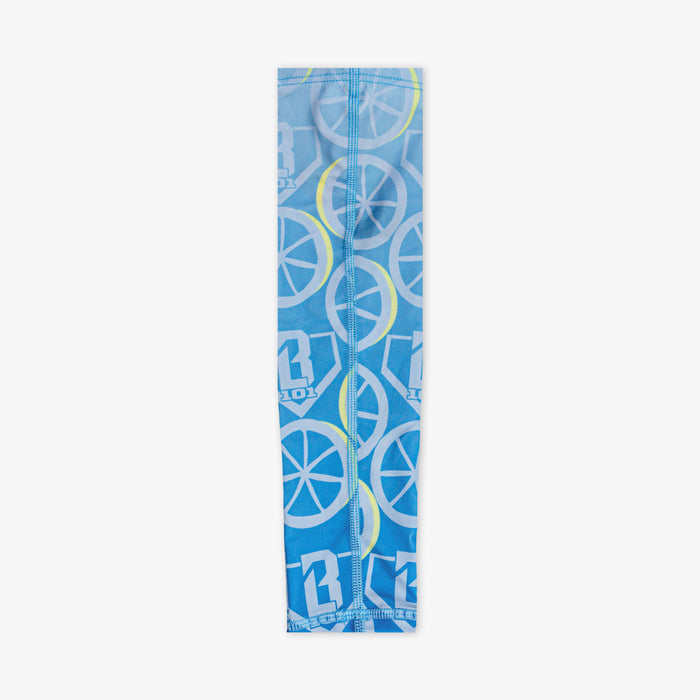 Adult model wearing blue arm sleeve with "Lemonade Splash" design