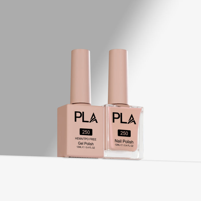 Two bottles of PLA nail polish on a gray background