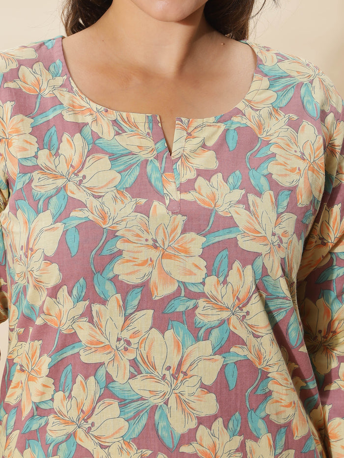 Chic Floral Light Mauve Cotton Women's Pyjama Set