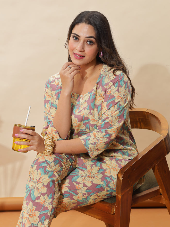 Chic Floral Light Mauve Cotton Women's Pyjama Set