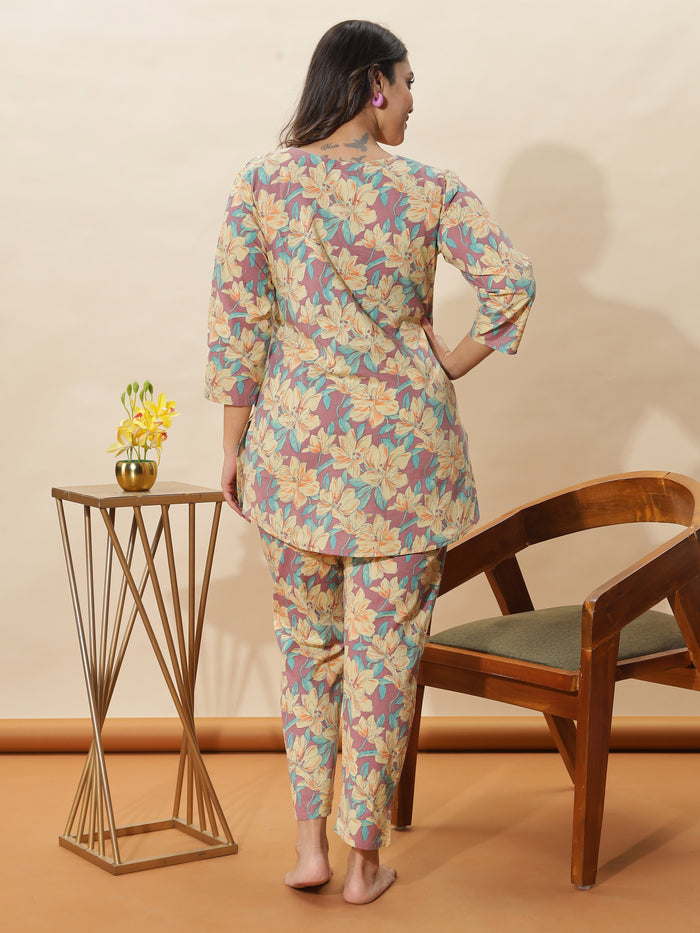 Chic Floral Light Mauve Cotton Women's Pyjama Set